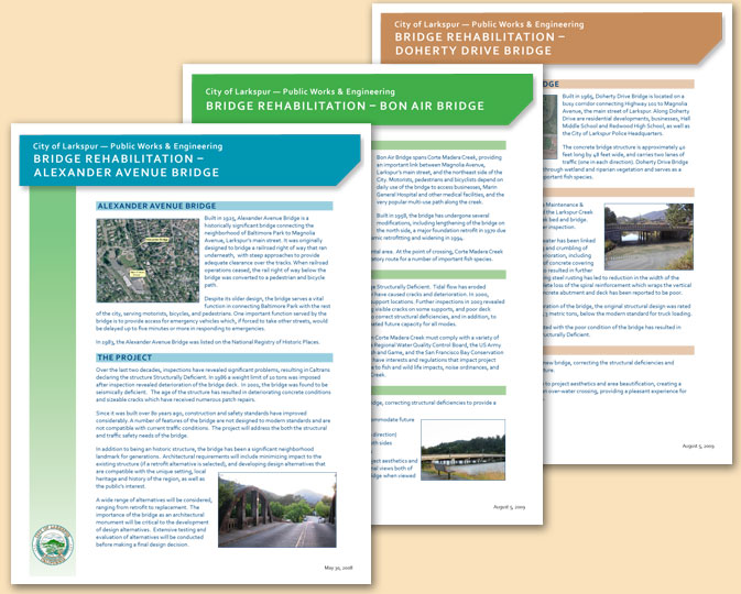 Larkspur Bridges Report - created third page, recreated other pages after font became a problem, came up with the color scheme to get the pages to work together.