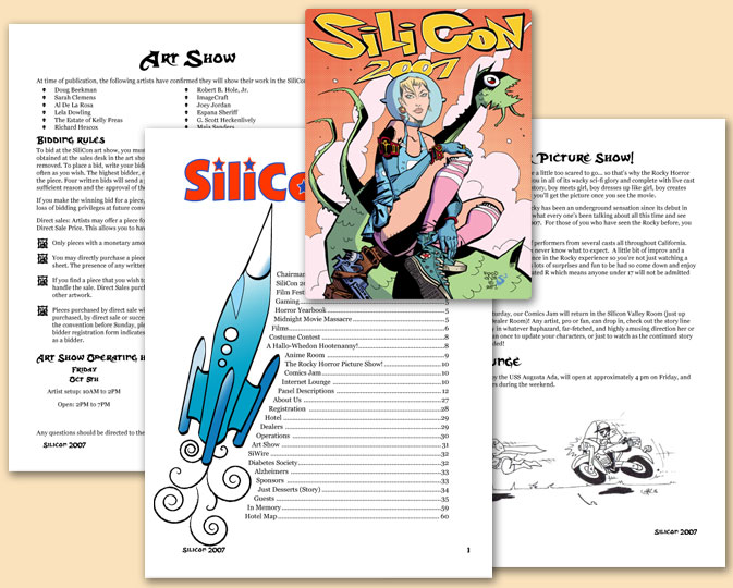 Silicon Program Book - for a 1,000 person convention. Created entire layout using art and content from others. Coordinated printing.